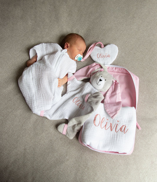 ბავშვის მუსლინის საბნის ფორმის კურდღლის სასაჩუქრე ნაკრები